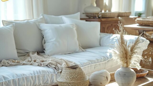 Elegant and cozy living room with white furnishings, blankets and pillows arranged for comfort under a window allowing natural sunlight to fill the space.