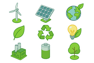 Sustainable energy and eco nature icons set in isometric cartoon style with wind turbine, solar panel, earth with leaf, green leaf, recycling symbol, eco light bulb, factory, battery, and tree symbols