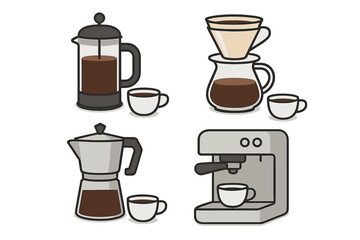 Coffee brewing methods vector icon set. French press, pour-over, moka pot, and espresso machine illustration. Barista equipment for cafe and home coffee making collection.