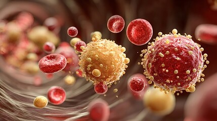 Microscopic view revealing cancer cells releasing microvesicles into the bloodstream, promoting metastasis and fueling tumor growth within the circulatory system