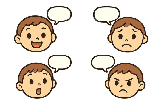 Boy face expressions cartoon set for emotional learning. Happy, sad, angry, surprised emotions. Psychology education concept. Cute kid character head vector with speech bubble.