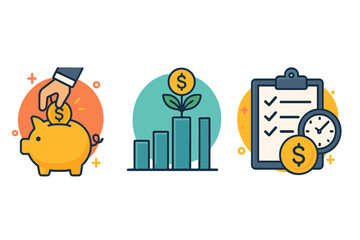 Finance icons for savings investment planning. Piggy bank for saving money. Investment growth chart. Financial goals checklist. Business success concept. Vector illustration.