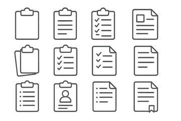 Set of various document and clipboard icons with editable thin stroke, checklist, profile, notes, papers, and file symbols for web, app, book, card design, vector illustration
