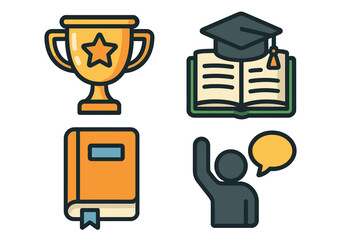 Education icon set for learning and achievement. School graduation cap, winner trophy, student participation and book symbols. Knowledge and success vector icons collection.