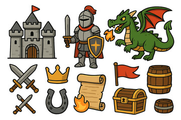 Cartoon fantasy icon set with medieval elements. Vector collection with knight, dragon, castle, treasure chest, sword, crown, and flag. Fairytale clipart for games.