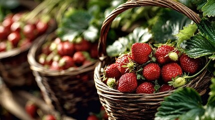 Ripe, red strawberries are overflowing from wicker baskets, showcasing the abundance and freshness of the harvest at a local farmers market
