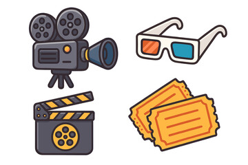 Cinema and movie making icon set. Film production equipment. Vector illustration collection with retro camera, clapperboard, 3D glasses and tickets for entertainment show.
