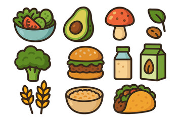 Plant-based food icons set. Vegan ingredients and dishes collection. Vector cartoon illustration for healthy, organic, vegetarian lifestyle. Modern graphic elements isolated.