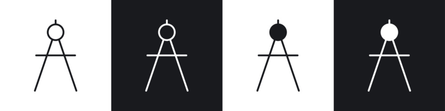 Drafting compass icons collection in black and white filled and line versions