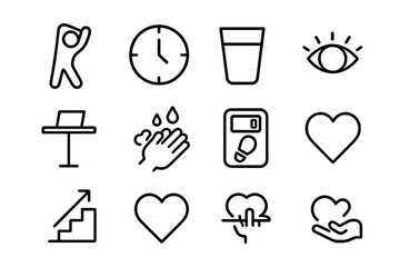 Healthy Work Habits Icons. Outline icon set of healthy work habits: stretching figure, clock, water glass, eye