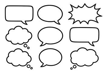 Speech bubble vector set. Think talk and shout balloon collection. Cartoon doodle for comic. Communication icon. Dialog message box. Quote frame. Chat cloud illustration.