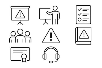 Workplace Safety Icons. Outline icon set of workplace safety training: presentation board, instructor,