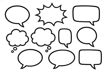 Fototapeta premium Set of speech bubbles, thought bubbles, and communication icons in hand-drawn doodle style. Vector cartoon illustration for comics, dialogue, messages, and creative design.