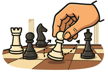 Hand moving chess pawn, illustrating business strategy, tactics, and competition. Concept for decision making, planning, and management in a game of wits and intelligence.