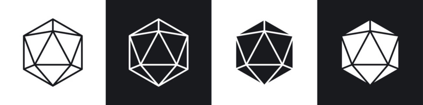 Dice d20 icons collection in black and white filled and line versions