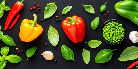 Vibrant vegetables and herbs arranged on a dark background