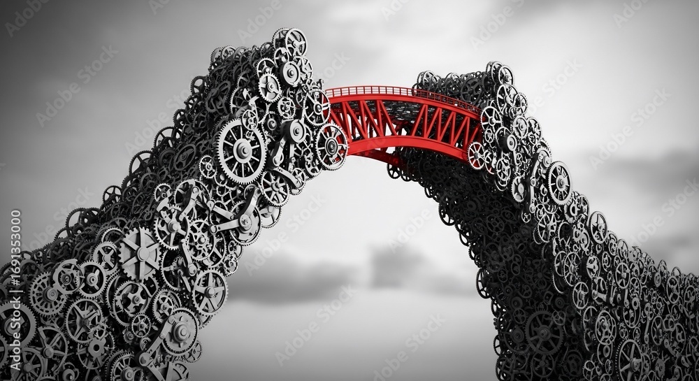 Poster dynamic bridge of gears symbolizing connection, progress, and complex solutions in a modern world.