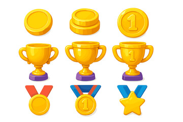 Gold trophy cup, medal, and coin award icon set for game UI. First place winner prize and achievement rewards. Vector cartoon illustration for competition or app design.