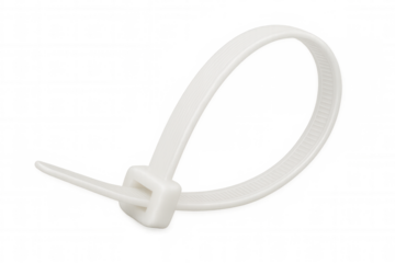 White cable tie close-up, revealing securing mechanism, isolating industrial fastening element against transparent surface