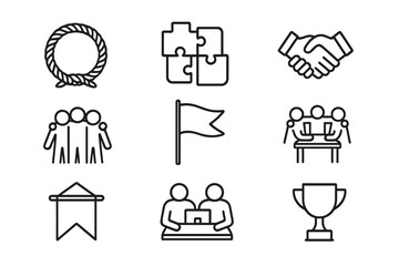 Fototapeta na wymiar Team Bonding Icons. Outline icon set of team bonding: rope circle, puzzle pieces, handshake, flag, group