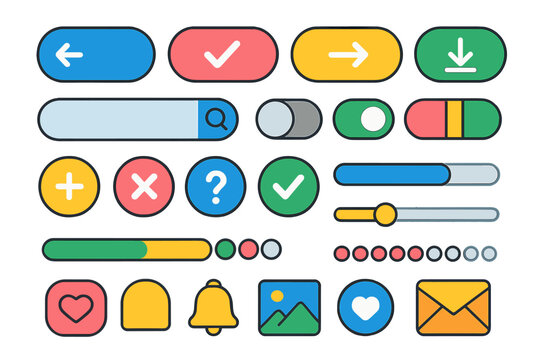 UI kit vector elements for web and app design. Colorful flat cartoon GUI pack with buttons, progress bar, slider, icons. User interface components for mobile application.