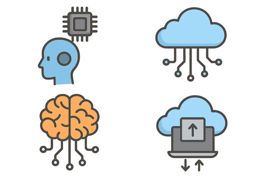 AI and cloud computing icon set. Artificial intelligence, machine learning, deep learning, and data storage concepts. Digital brain, neural network, and processor symbols.