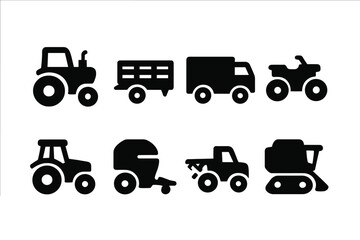 Farm Vehicle Icons. Solid, filled icon set of farm vehicles: tractor, trailer, truck, ATV, plowing machine, baler, sprayer,