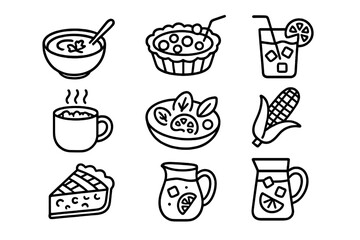Seasonal Specials Icons. Outline icon set of menu seasonal specials: pumpkin soup, berry tart, iced tea, hot
