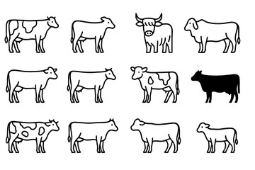 Cow Breeds Icon Set. Outline icon set of cow breeds: Holstein cow, Jersey cow, Highland cow, Brahman cow, Guernsey cow, Brown