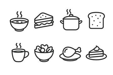Field Kitchen Icon Set. Outline icon set of field kitchen meals: soup bowl, sandwich, stew pot, bread slice, hot drink cup, salad