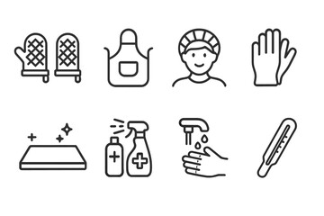 Baking Safety Icons. Outline icon set of Baking safety and hygiene: oven mitts, apron, hairnet, gloves, clean