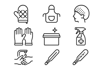 Baking Safety Icons. Outline icon set of Baking safety and hygiene: oven mitts, apron, hairnet, gloves, clean