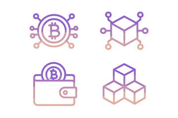 Gradient cryptocurrency blockchain icons set. Modern minimalist vector symbols of bitcoin, crypto wallet, and decentralized network blocks. Digital finance technology concept.