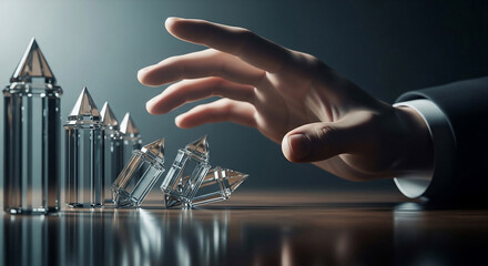 A corporate hand decisively influences crystal spires on wood, some falling, symbolizing control, disruption, and strategic decision-making
