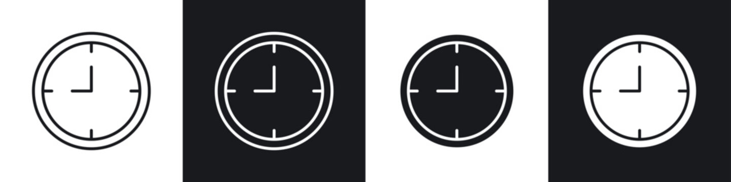 Clock nine icons collection in black and white filled and line versions