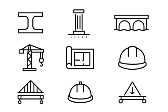 Structural Engineering Icons. Outline icon set of Structural engineering: beam, column, foundation, bridge,