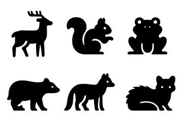Forest Animal Icons. Solid, filled icon set of forest familiars: deer, squirrel, owl, frog, badger, fox, hedgehog, pine marten.