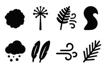 Fototapeta premium Forest Breeze Icons. Solid, filled icon set of forest breeze: moss patch, dandelion puff, rustling fern, squirrel tail, mushroom