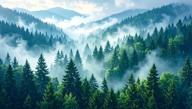 Misty mountain forest panorama - Powered by Adobe