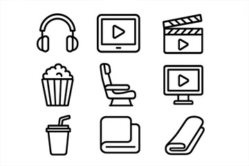 In-Flight Movie Essentials. Outline icon set of Watching movies on a plane: headphones, tablet, movie clapper,