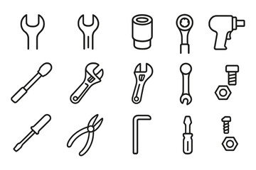 Tool Icon Set. Outline icon set of nut and bolt tools: spanner, wrench, socket, ratchet, torque wrench,