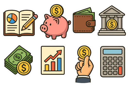 Financial literacy icon set. Personal finance and banking concepts. Money management, saving, investment, and budgeting symbols. Vector cartoon illustration of economic education.