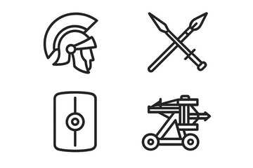 Minimalist line art icons of ancient Roman warfare equipment with helmet, crossed spears, shield, and ballista siege weapon in simple black outline set, historical combat vector illustration