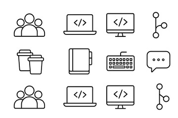 Team Coding Icons. Outline icon set of Team coding project: group of students, laptop, shared monitor, code