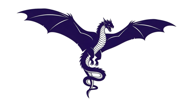 A majestic dark purple dragon with powerful wings outstretched in flight, rendered as a striking vector illustration against a clean white background