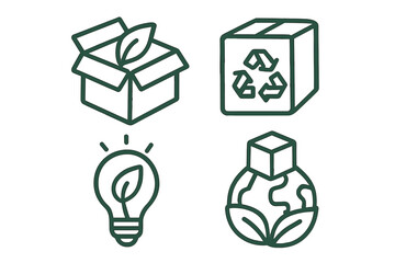 Eco friendly packaging line icon set. Sustainable business practices. Green product design concepts. Recycling symbol, biodegradable box, green energy, global eco shipping.