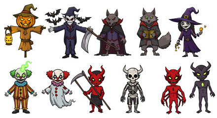 A whimsical collection of Halloween characters, including monsters, creatures, and spooky figures.