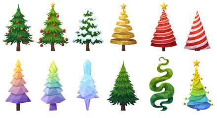 A collection of stylized Christmas trees in various colors and designs.