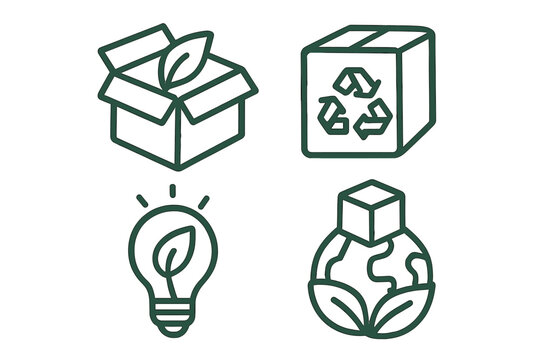 Eco friendly packaging line icon set. Sustainable business practices. Green product design concepts. Recycling symbol, biodegradable box, green energy, global eco shipping.