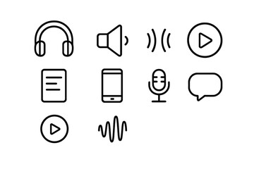 Listening Icons Grid. Outline icon set of Listening comprehension: headphones, speaker, audio waves, play